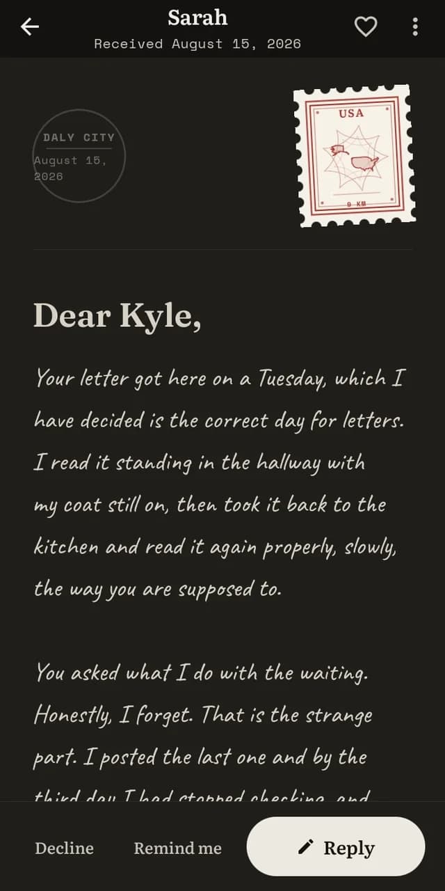 An open letter beginning “Dear Kyle”, with its stamp and postmark