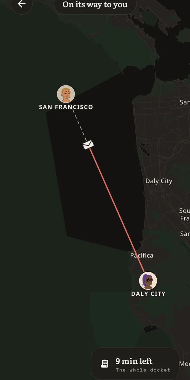 The Atlas: a letter in flight between San Francisco and Daly City, 9 minutes out