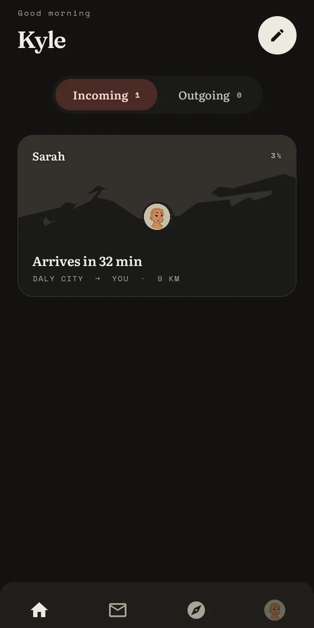 The Post screen in Letterway for Android, showing a letter from Sarah arriving in 32 minutes
