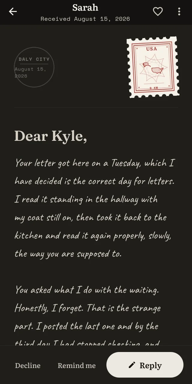 A letter open in the Letterway Android app, beginning "Dear Kyle", with its stamp and postmark
